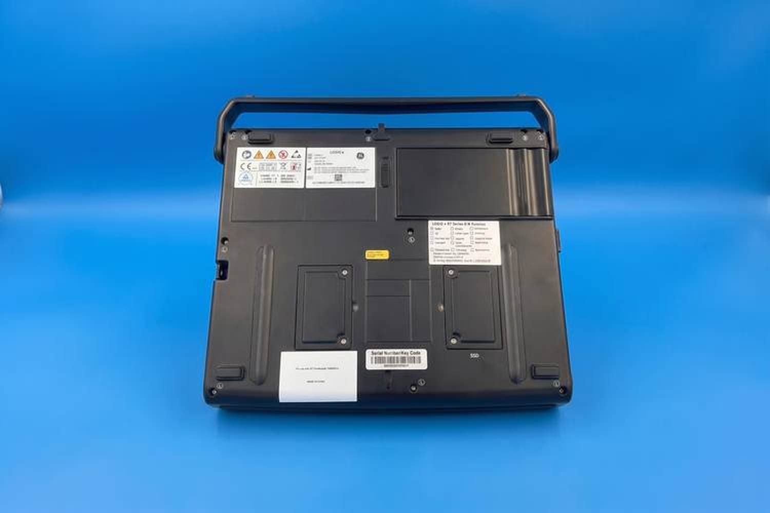 Underside of the GE NextGen LOGIQ e R7 with its rating plate